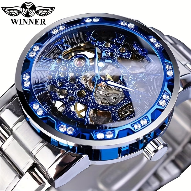 Men's Mechanical Watch with Skeleton Design, Rhinestone Accents & Stainless Steel Band.