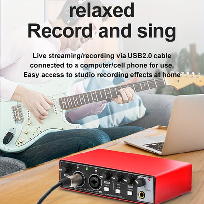 Professional 2-channel Audio Interface Sound Card with Display for high-quality recording in recording studios or on-site. Features 24Bit/196kHz resolution, XLR interface with 48v phantom