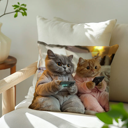 1pc Playful Cats with Phones Cushion Cover, 45x45cm, Single-Sided Print, Peach Skin Velvet, Contemporary Style, Polyester, Zipper Closure, Machine Washable, Sofa Pillow Case