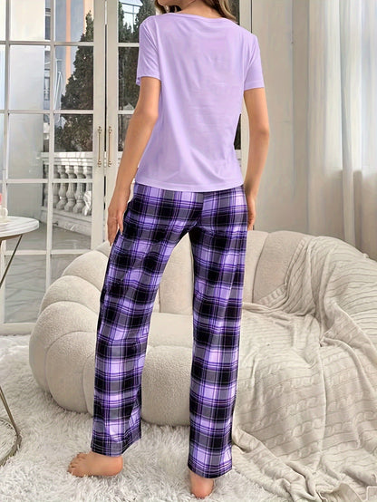 Casual Heart & Letter Print Pajama Set for Women, Short Sleeve Top & Plaid Pants, Relaxed Fit.