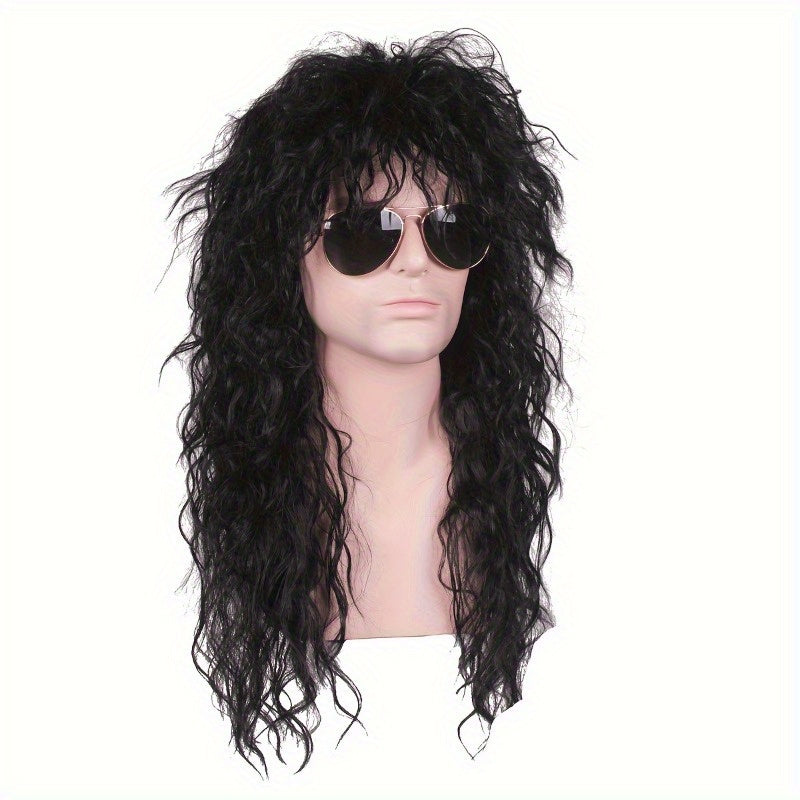 Rock out in this 80's style rock star wig, featuring fluffy coily hair with bangs in a punk-inspired design. Made from acrylic material, this unisex party costume headwear is perfect for clubbing and celebrations.