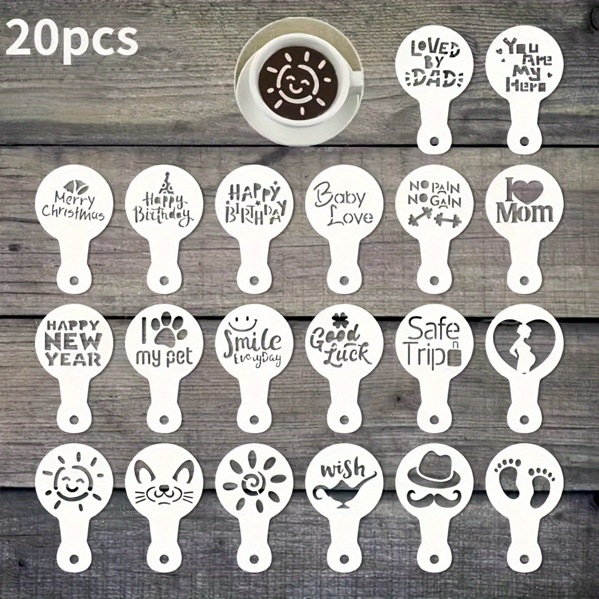 Set of 20 Coffee Stencils for Creative Foam Designs, Cake Decorations, and Cappuccino Art - Includes Powdered Sieve Tool, Easy to Use without Electricity, Made of Durable Plastic