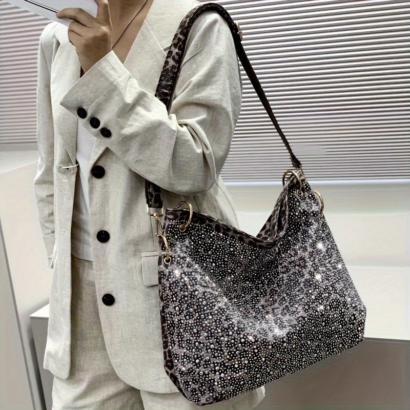 Chic Women's tote with rhinestones, leopard print, and detachable strap - ideal for daily commute and weekend getaways.