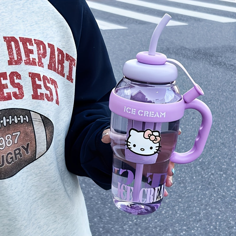 Large Sanrio Hello Kitty water bottle with straw, ideal for sports, office, camping, home, and school use. Made from high-temperature resistant PET plastic.