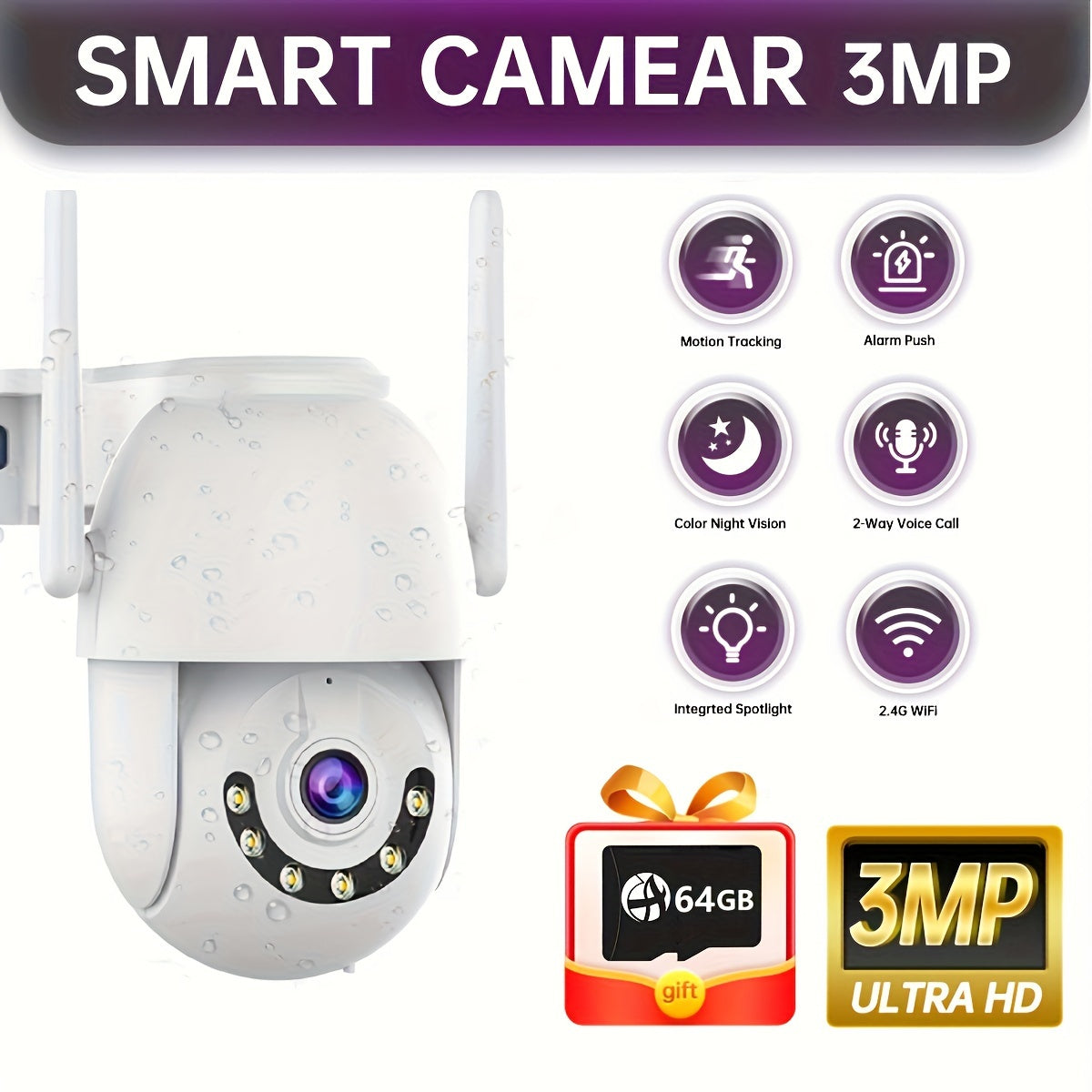 Enhance your outdoor security with the JOOAN 3MP HD Security Camera. Featuring PTZ, full-color night vision, human tracking, and motion detection capabilities, this camera is compatible with smartphones for easy access and monitoring.