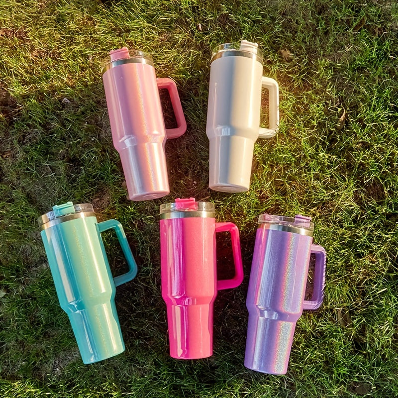 Sakura Train 40 oz portable rainbow gradient car tumbler with handle and straw, insulated stainless steel cup, leakproof sports water bottle, ideal for Christmas, birthdays, Father's Day and Mother's Day gifts.