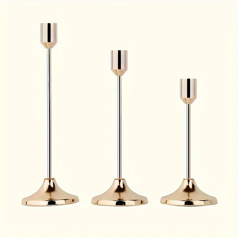 Set of 3 elegant metal candle holders in golden and rose golden finish, perfect for various festive occasions. Durable, easy to assemble, ideal for home and hotel decor. (Candles not included).