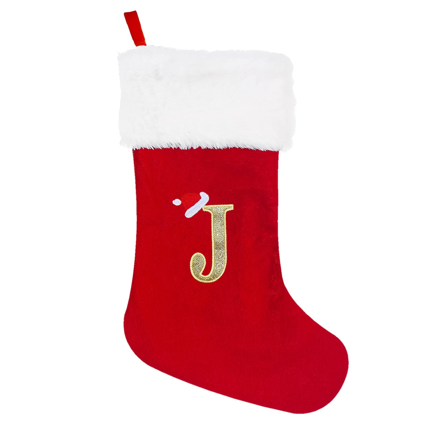 1 red velvet Christmas stocking with white plush cuffs, embroidered initial, 53.34 cm. Perfect for holiday parties and home decorations.