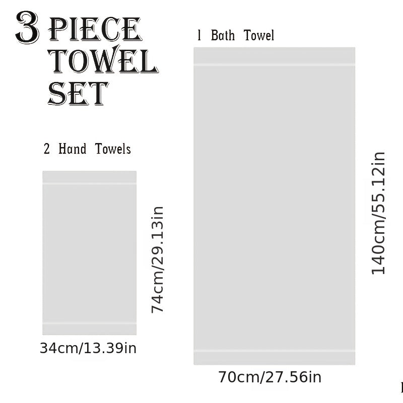 3-piece ultra soft absorbent bath towel set for home and hotel use, consisting of 1 bath towel and 2 hand towels. Made of cotton, the large white towels measure 71.12x139.7cm and serve as essential bathroom accessories for travel.