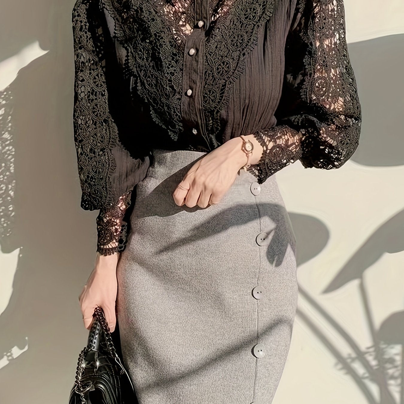 Spring and Autumn Lace Hollow Flower Panel Button Heavy Industry Long-Sleeved Standing Neck Shirt.