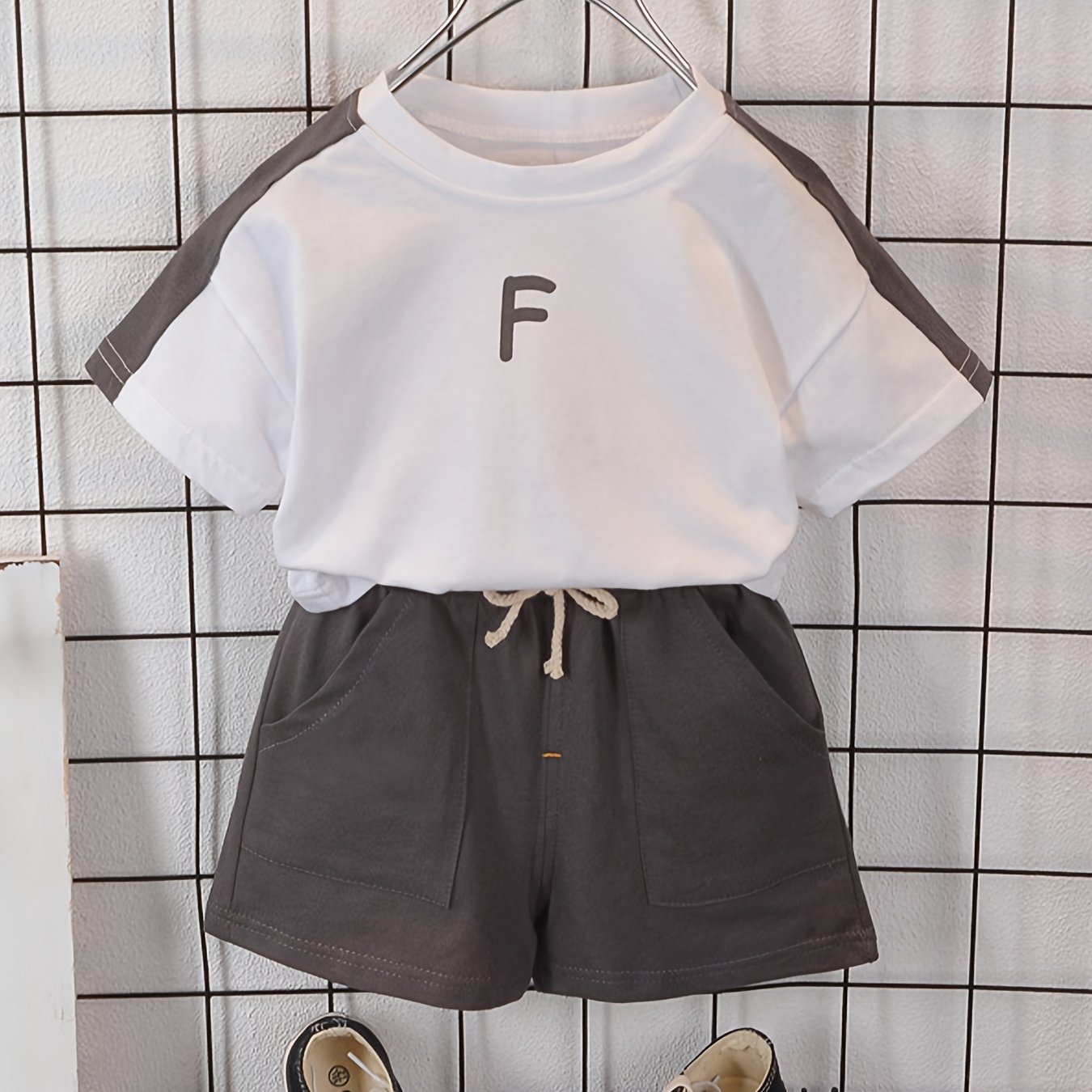 Boys' Summer Casual Outfit: Cotton T-Shirt & Shorts with Letter Print, Machine Washable, Leisure Style, Suitable for Outdoor Activities