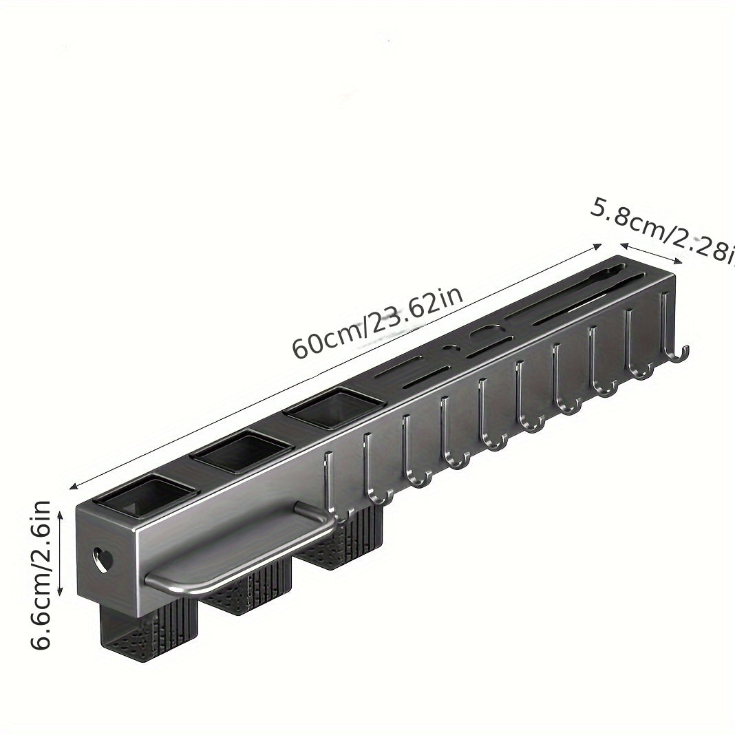 Wall-mounted knife rack made of premium carbon steel, offering a large capacity for organizing knives, spatulas, spoons, forks, chopsticks, and towels. Features integrated dry and wet separation draining storage, no-drill installation, and a