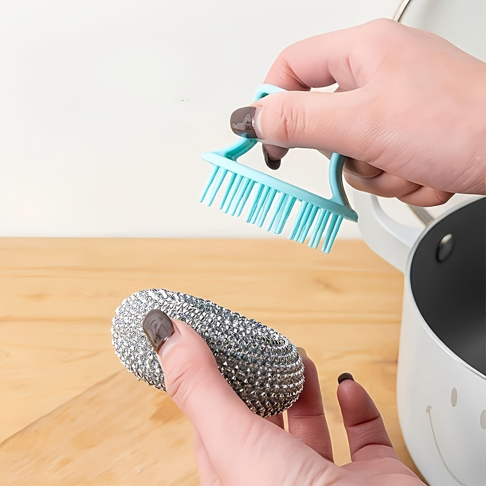 Introducing a 6-piece stainless steel brush set, which includes 4 brush heads, a long handle, and a short handle. This set is perfect for cleaning kitchens, bathrooms, and toilets. It also comes with heavy-duty steel wool scrubbing pads and a manual