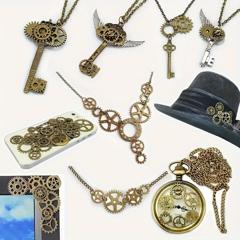 [Best-Selling] Set of 160 Vintage Bronze Alloy Charms - Steampunk Mechanical Gear & Clock Pendants for DIY Jewelry Making, Retro Style with Antique Bronze Finish