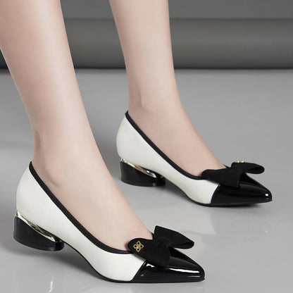 Chunky heels with bowknot decor and point toe, slip on style for stylish dress pumps.