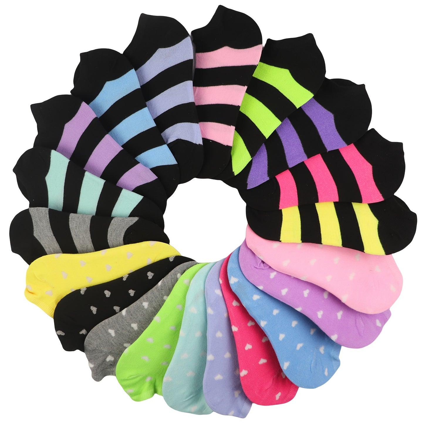 20 pairs of candy-colored, lightweight, and breathable low cut ankle socks for women.