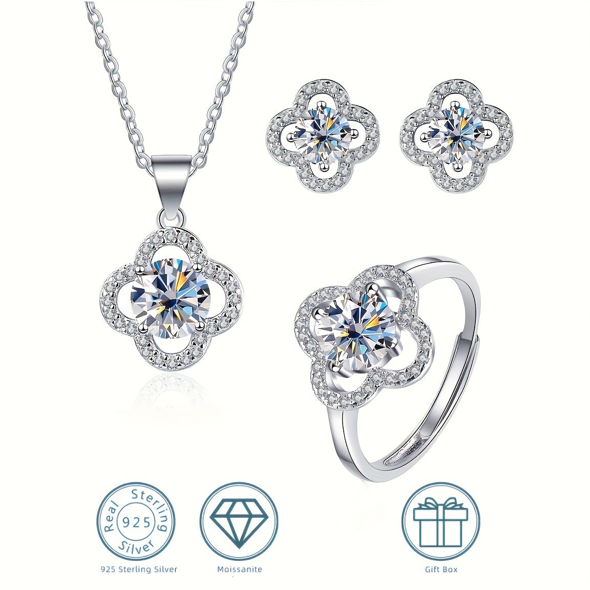 4-piece Moissanite Jewelry Set featuring 925 Sterling Silver Earrings, Necklace, and Ring in a Lucky Flower Design. Perfect for complementing daily outfits and a dainty Christmas gift for your loved one.