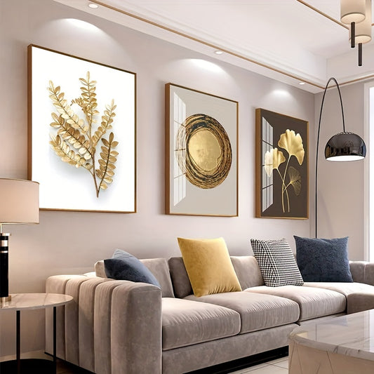 Modern luxury circle golden leaf wall art, printed canvas poster for home decor gift; no frame included.