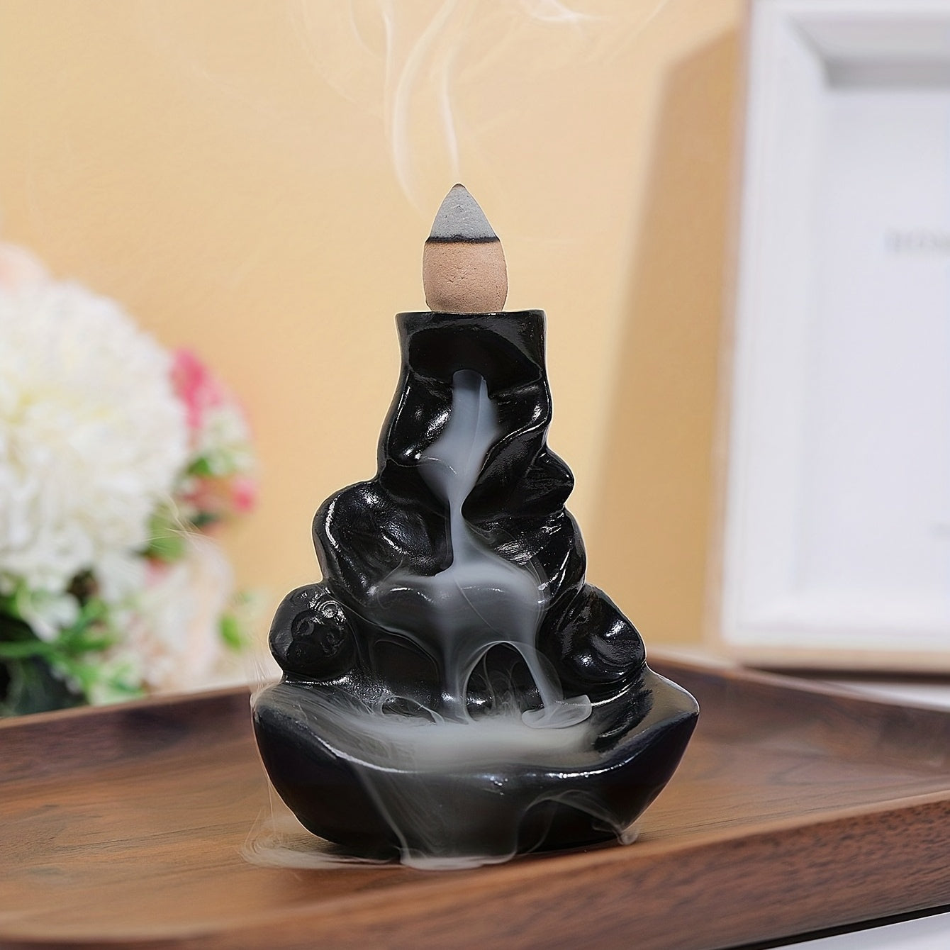 Stylish Black Resin Backflow Waterfall Incense Burner with Wooden Sticks - Classic Design for Halloween Decor, Floor Installation, Incense Holder