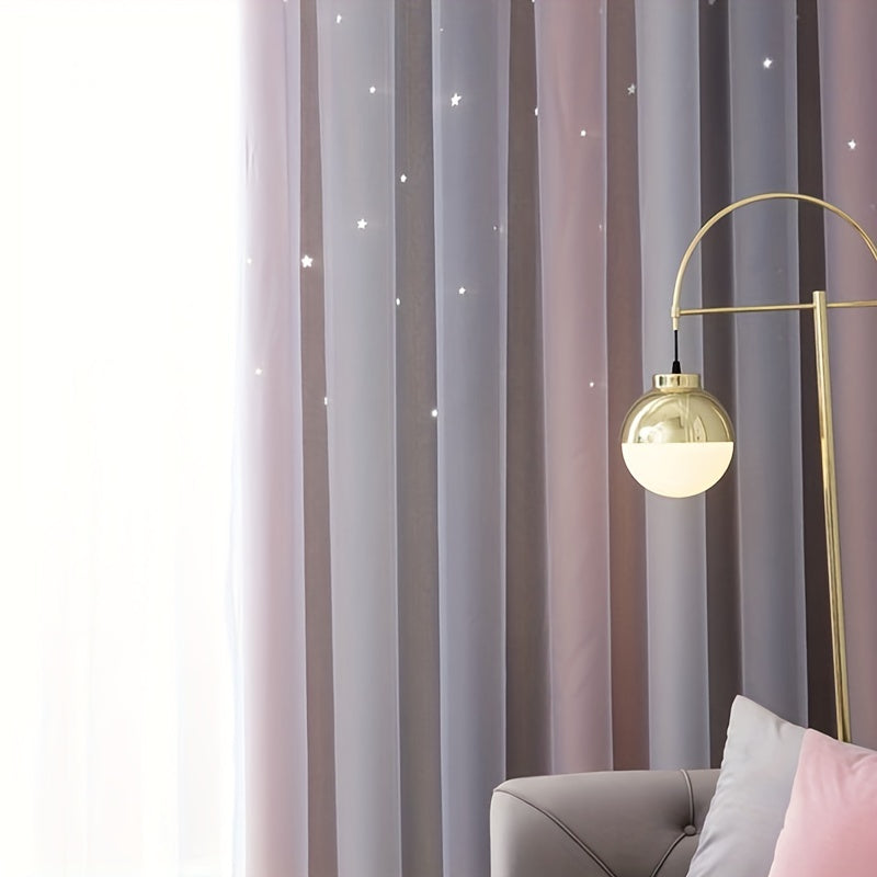 Gray Pink Gradient Star Fabric Sheer Two Layer Curtain, perfect for adding a touch of elegance to your living room, bedroom, office, or home decor.