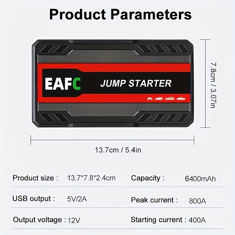 Portable car jump starter with LED light, supports starting gasoline cars up to 3.0L.