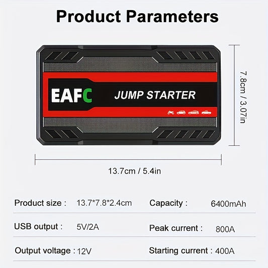 Portable car jump starter with LED light, supports starting gasoline cars up to 3.0L.