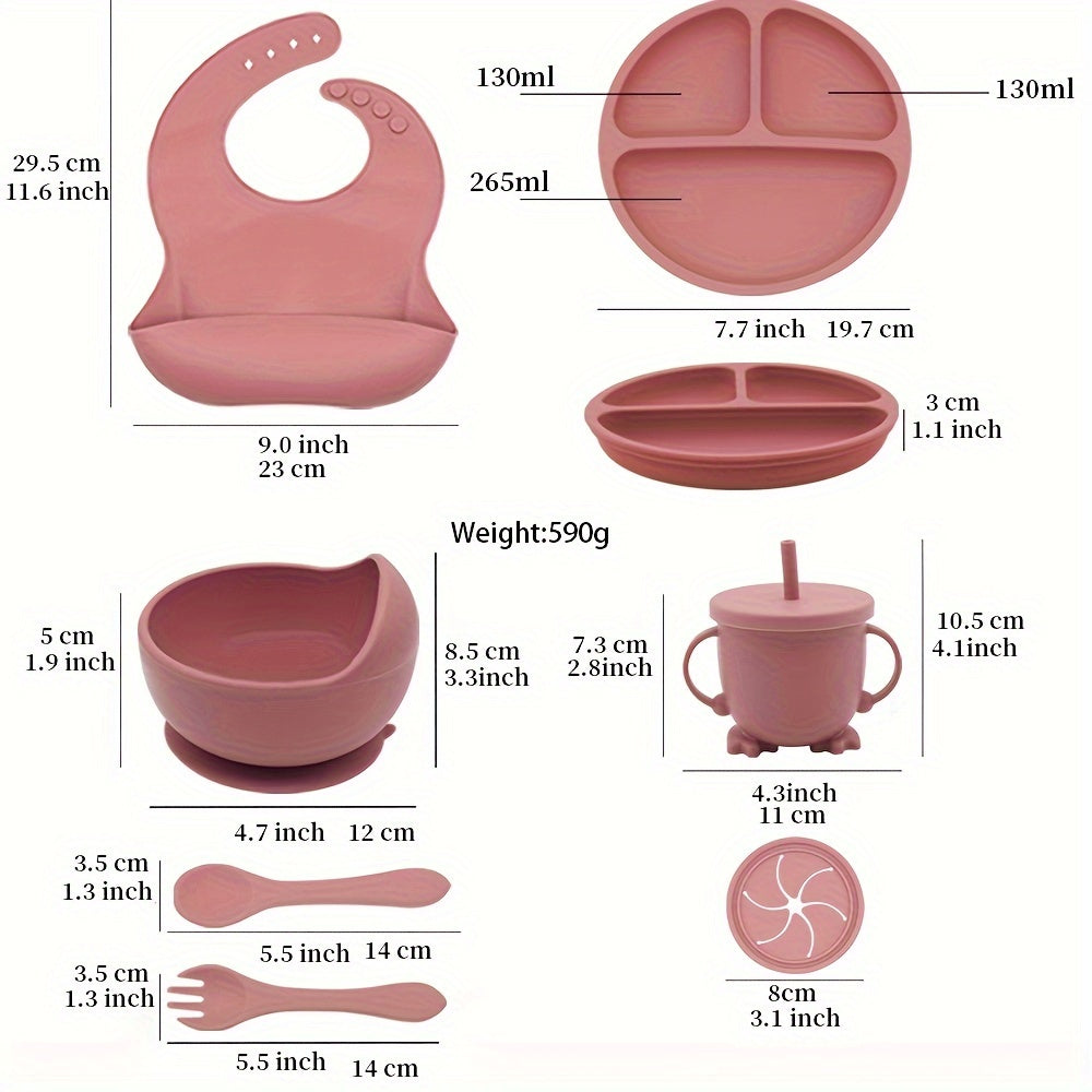 6 piece set of Silicone Feeding Items, featuring a Silicone Bib, Silicone Suction Plate, Silicone Suction Bowl, 2-in-1 Drinking Training Cup. Made of soft and safe, food-grade silicone that is BPA-free. Perfect Easter gift idea.