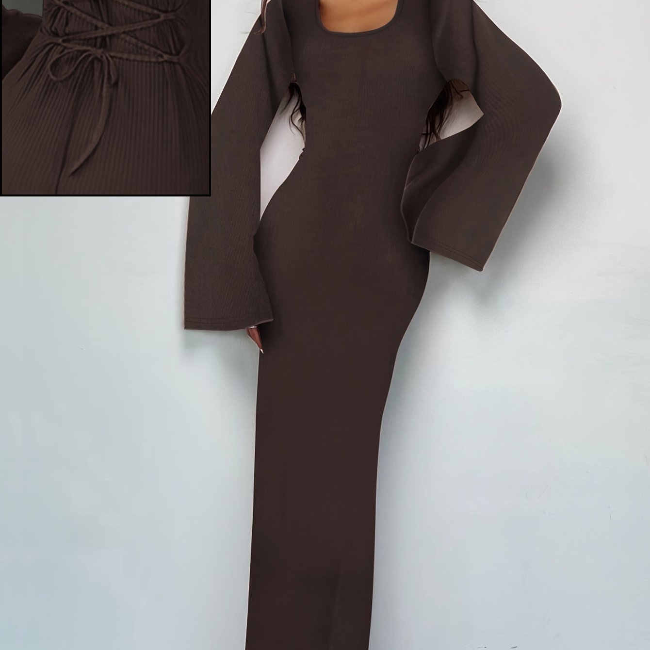 Casual long sleeve tie-waist dress for fall/winter, stylish square neck, solid color, machine washable.