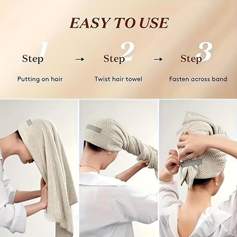 Absorbent microfiber hair towel wrap for women with elastic band, perfect for quick drying curly and thick hair.