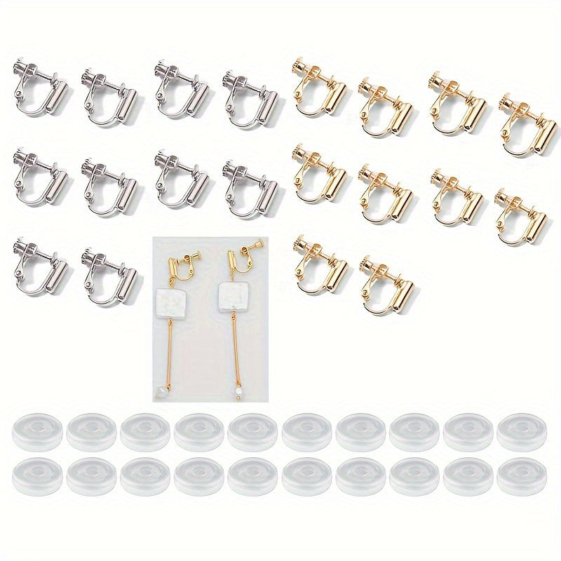 Get 20 pieces of ear clip jewelry accessories in white and gold colors, with 10 white and 10 golden pieces each. These converters come with round, non-slip anti-pain cushions so you can wear earrings without piercing your ears. Perfect for handmade DIY