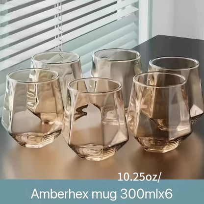 Set of 6 geometric glass cups suitable for water, whisky, juice, milk, tea and more. Perfect for all seasons.