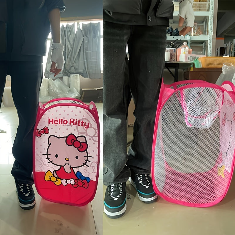 Kawaii and adorable Sanrio storage bag featuring Hello Kitty and Kuromi. This foldable organizer can be used for storing dirty clothes or as a laundry basket.