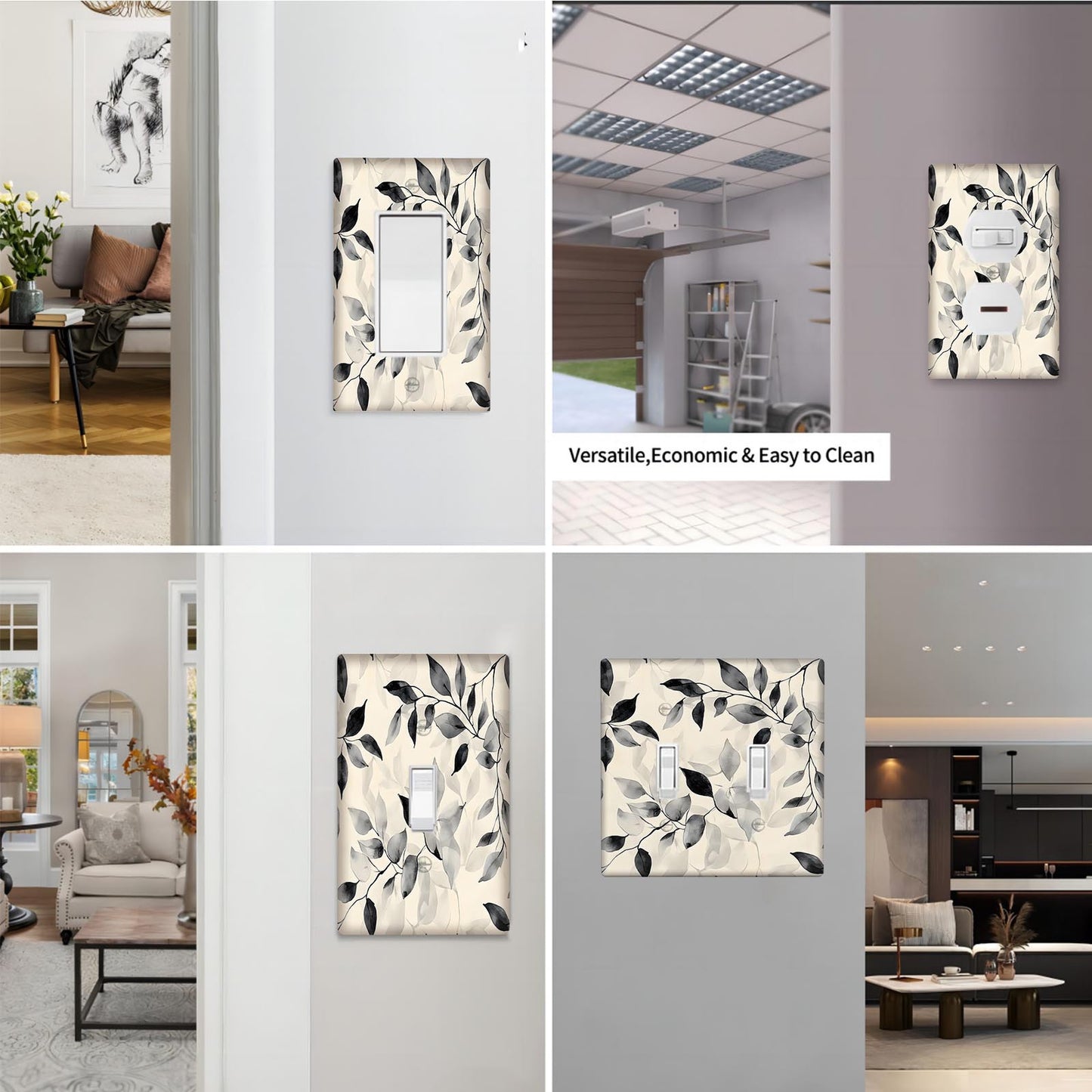 Black and white abstract leaf pattern light switch cover for farmhouse or country bedroom decor. Easy installation for a stylish touch to your walls.