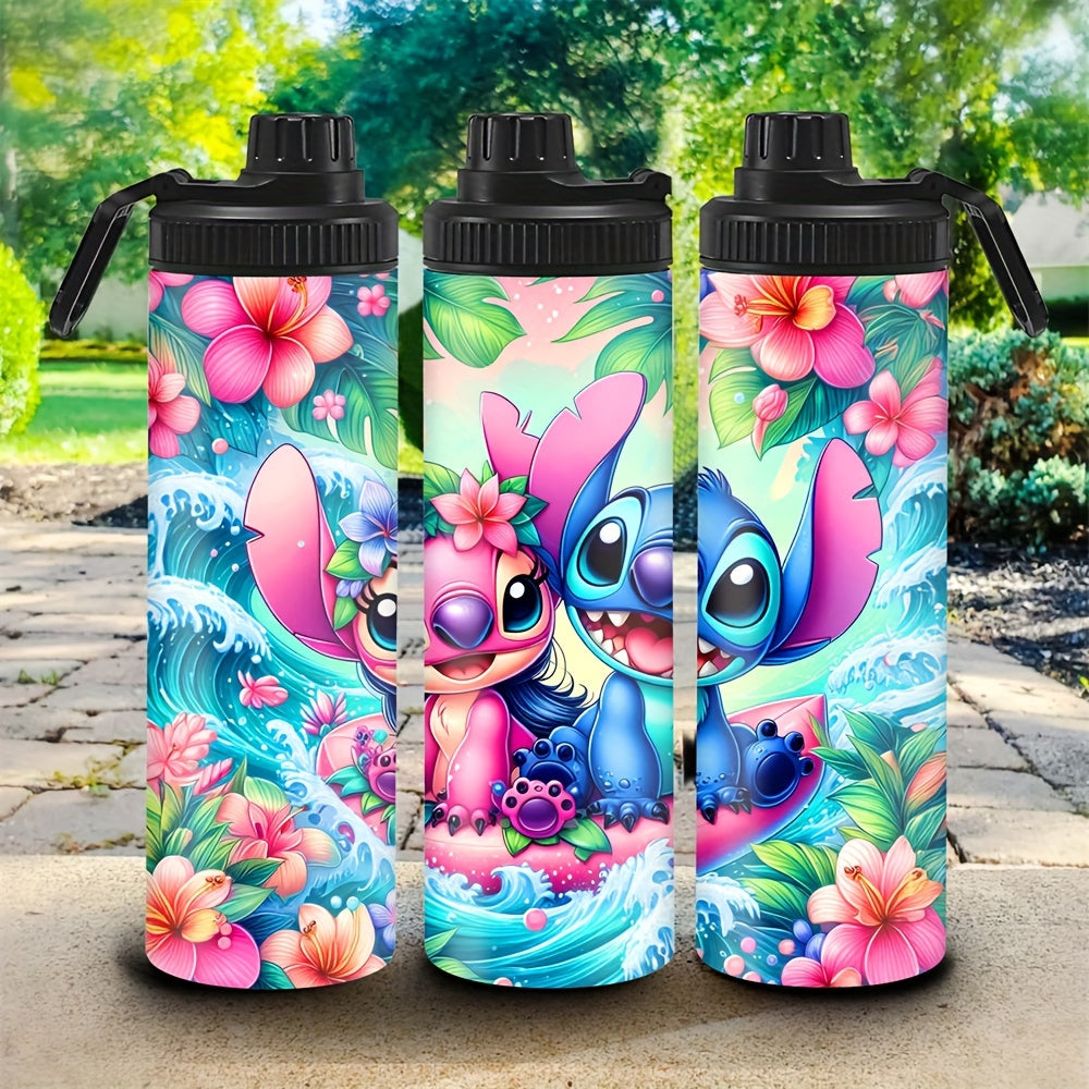 1pc 20oz Stainless Steel Water Container featuring Stitch and Angel cartoon characters, insulated for hot/cold beverages, perfect for outdoor travel, a great Christmas or Birthday gift, with lockable lid and BPS-Free.