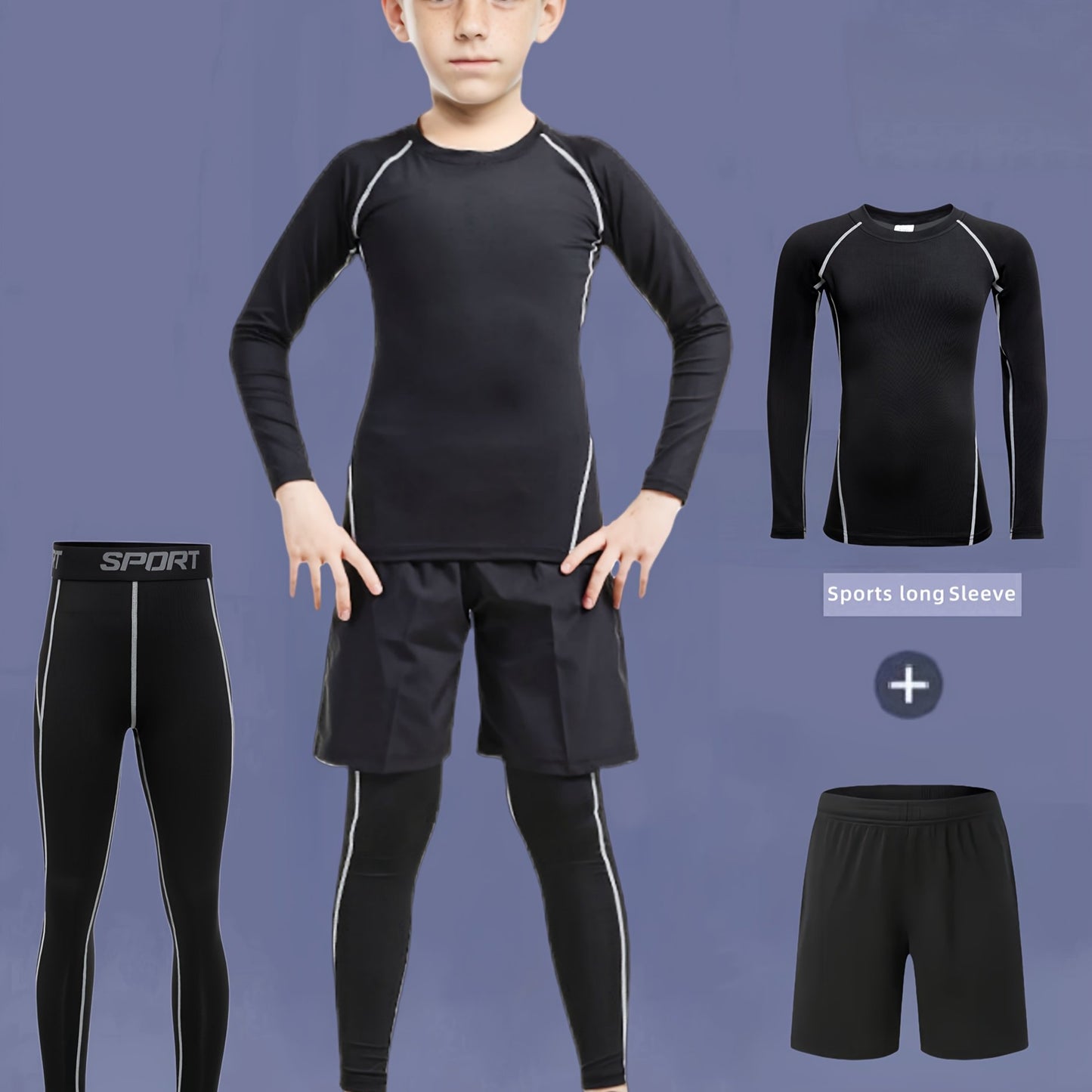 Youth Quick-Dry Compression Set for Running and Sports Performance, includes long sleeve top, shorts, and leggings, ideal for outdoor activities.