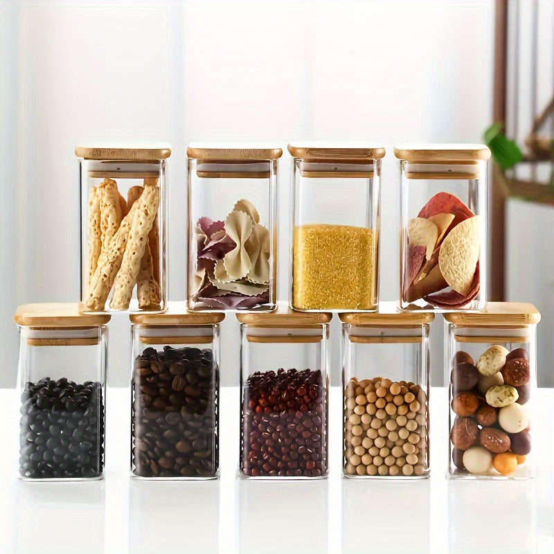 Set of 12 square glass spice jars with bamboo lids - designed to be airtight, waterproof, and heat-resistant. Perfect for storing salt, pepper, sugar, and other spices. Comes with labels and marker for easy organization and identification.