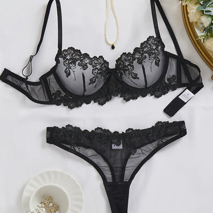 Elegant floral embroidered lingerie set for women, featuring medium support underwire bra and briefs in polyester knit fabric. No padding, drop waist design with a mature style - ideal