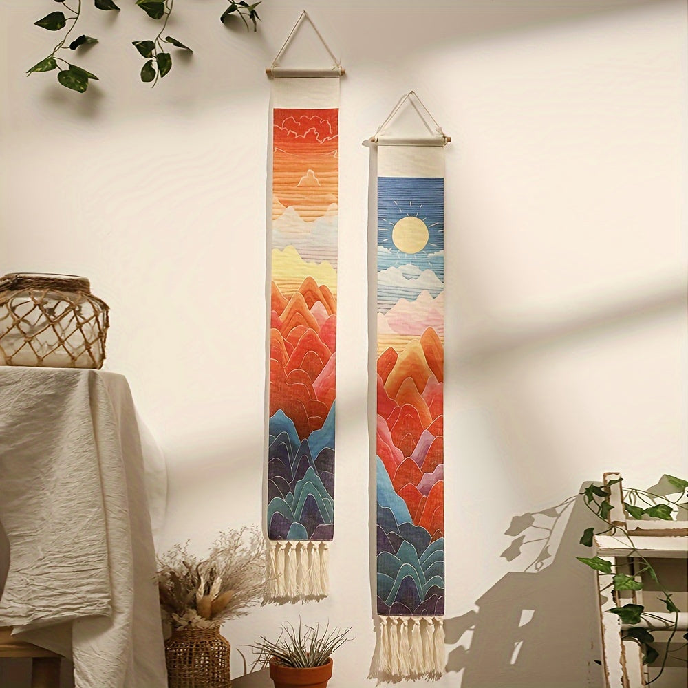 Add a touch of Bohemian style to your space with this chic tapestry wall hanging featuring fringe details. Perfect for living rooms, bedrooms, and bathrooms, this long linen art piece will elevate your decor.