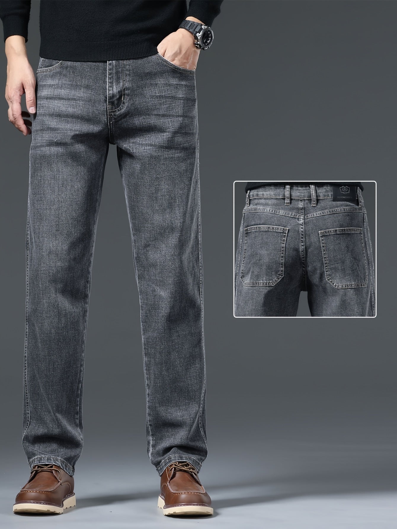 Men's solid denim pants with pockets, casual breathable cotton blend straight leg jeans for outdoor activities.