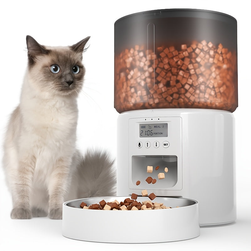 Automatic cat feeder with timed and quantitative feeding, large grain storage capacity, video and voice interactive features, three versions available, keeps food dry.