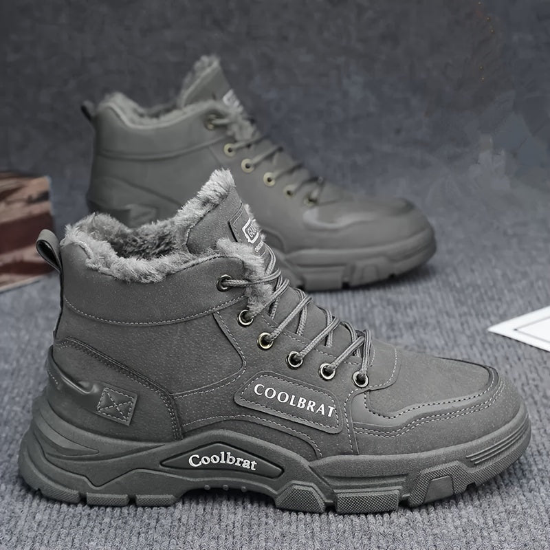 Men's high-top work boots by Coolbrat, durable and non-slip with reinforced PVC sole. Ideal for outdoor and casual wear, beige with mesh lining. Suitable for hiking and modern casual style.