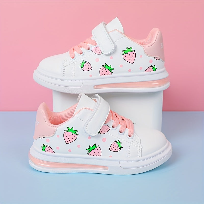 Casual cute cartoon strawberry pattern low top sneakers for girls, comfortable non-slip skateboard shoes for all seasons.