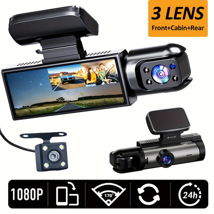 3-channel dash cam for cars with 1080P front camera, 720P inside camera, and 720P rear camera. Includes 1080P car DVR black box, 24H parking mode, free 32GB SD card.