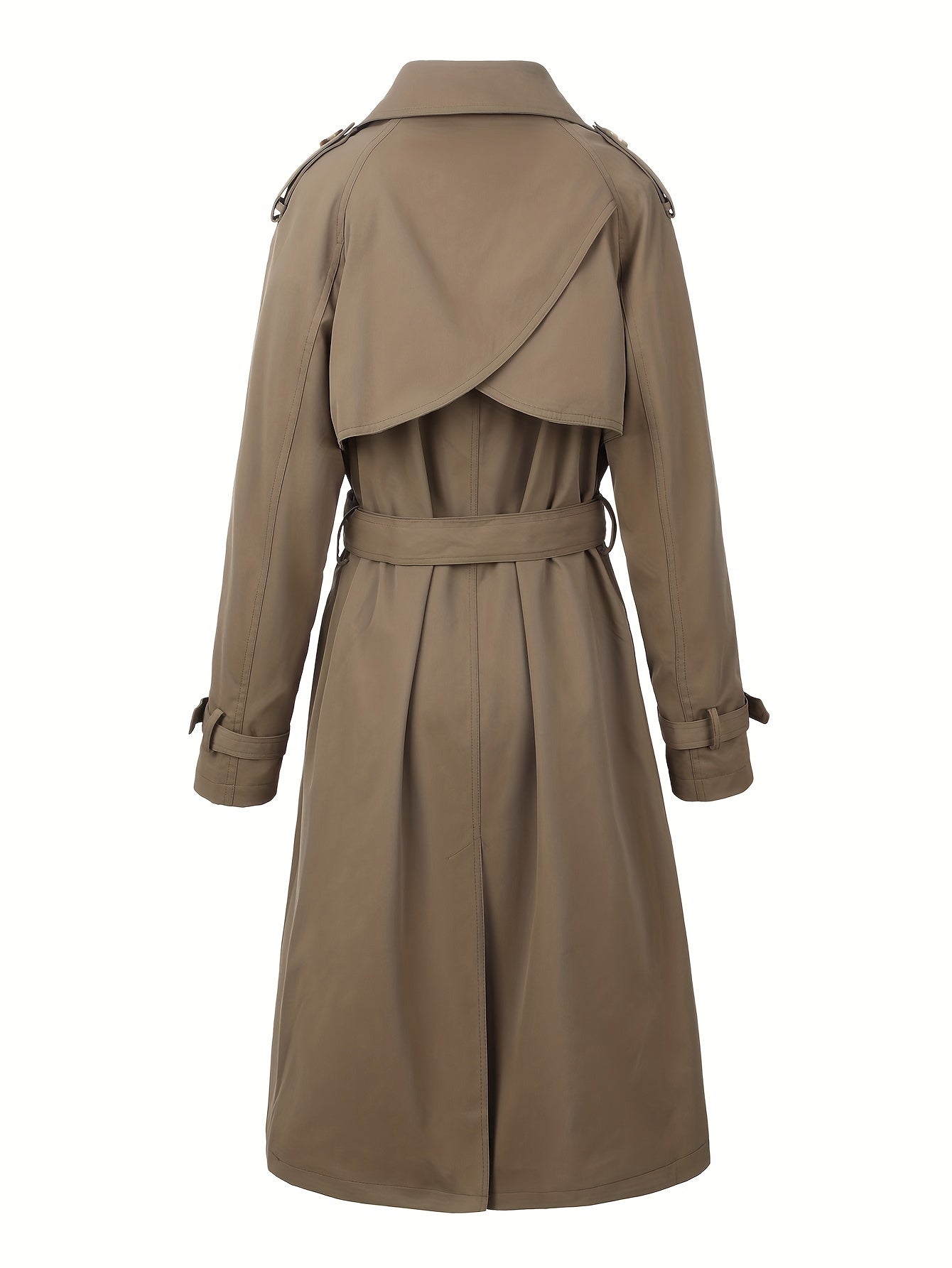 Stylish beige trench coat for women with belt, perfect for fall and winter. Made of polyester, mid-length with double-breasted front and long sleeves.