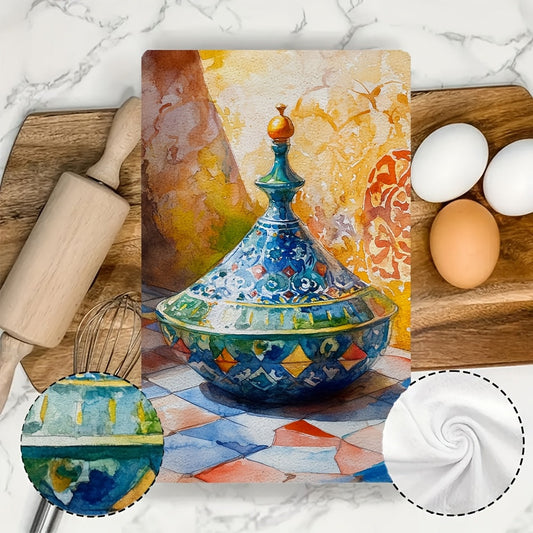 Two pieces of ultra soft kitchen towels with tagine wall art design, highly absorbent and perfect for holiday decor. These dish hand towels are machine washable and measure 16x24 inches. Product code: 2KYSYS1218398.