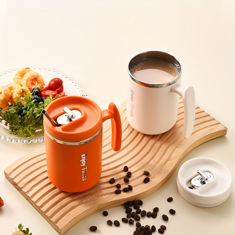 Stylish stainless steel coffee mug with straw, handle, perfect for office, reading, camping. Available in orange, light blue, cream, ideal for drinking coffee or tea.