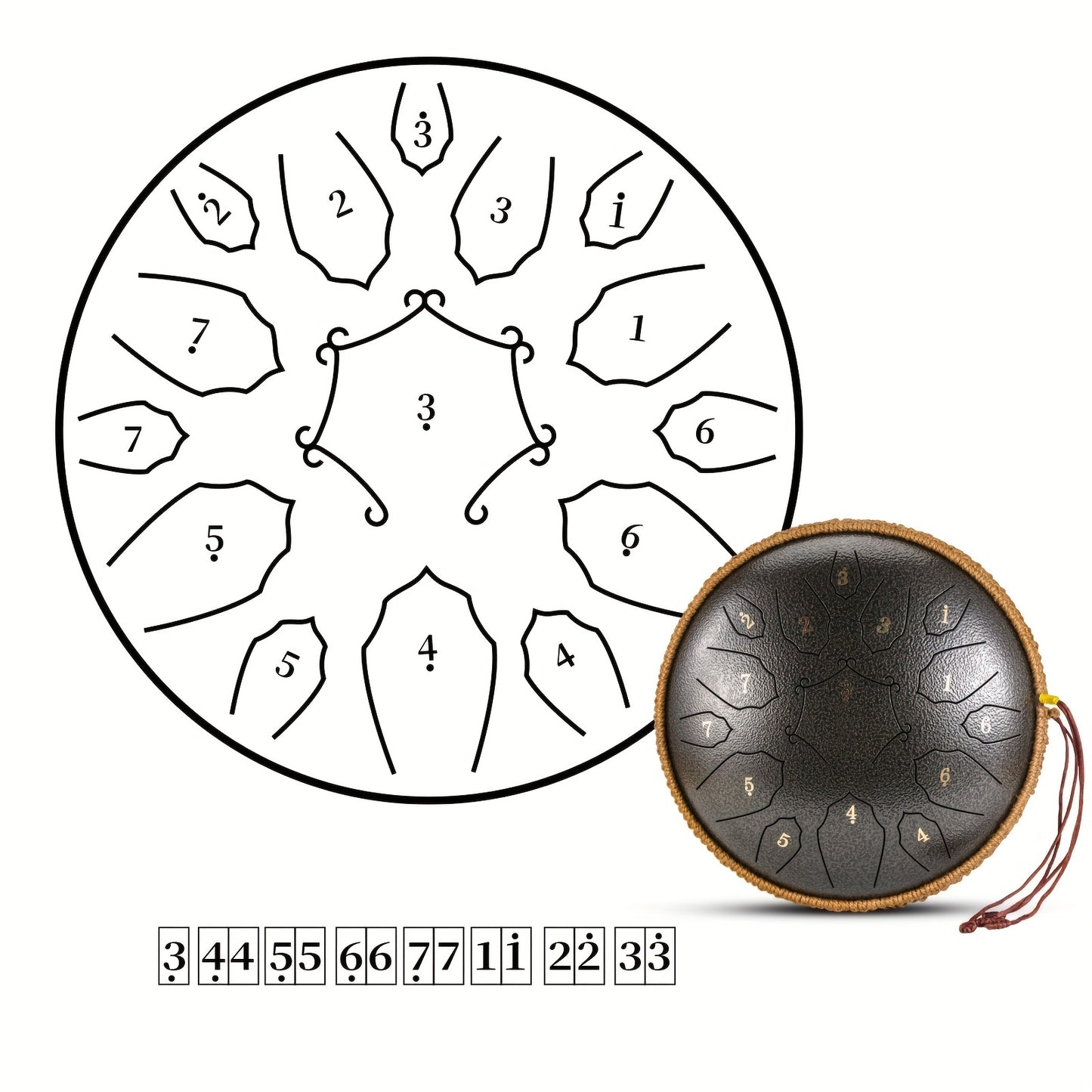 30.48cm D-Key steel tongue drum with 15 notes, carry bag, and accessories for yoga, meditation, concerts, and relaxation.