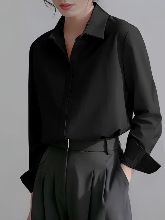 Professional women's long sleeve shirt in solid color, woven polyester with a pointed collar and open front, suitable for all seasons.