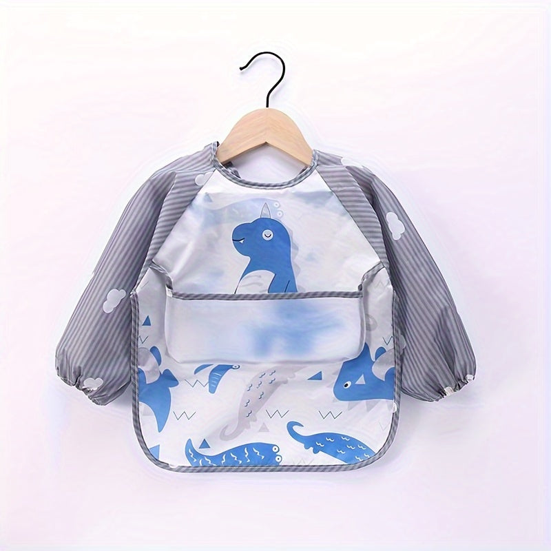 Anti-fouling Feeding Bib with Pockets, Cartoon Design, Waterproof Long-sleeved Smock, Soft Material, Easy Closure, Polyester Fabric, 1 Piece