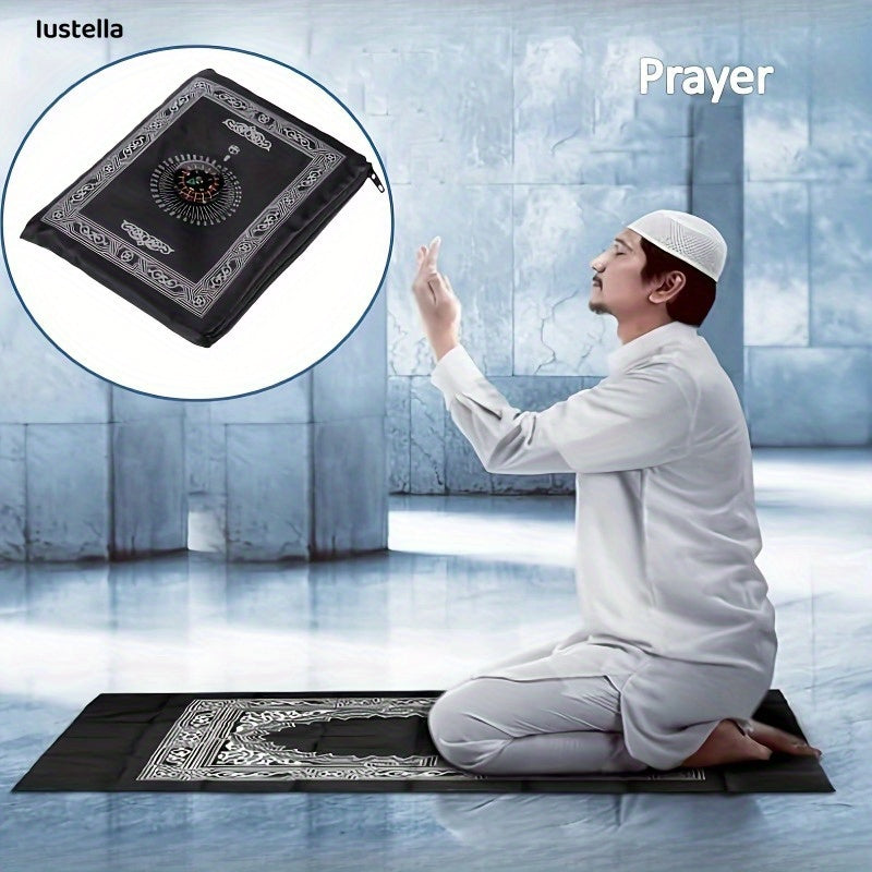 Portable, waterproof travel prayer mat for Muslims. Made of machine washable polyester, this worship mat includes a built-in compass and measures 59.94cm x 100.08cm. Available in black or green, making it the perfect Ramadan gift.